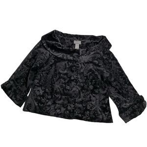 Kenar Black Velvet Floral Jacquard Cropped Coat